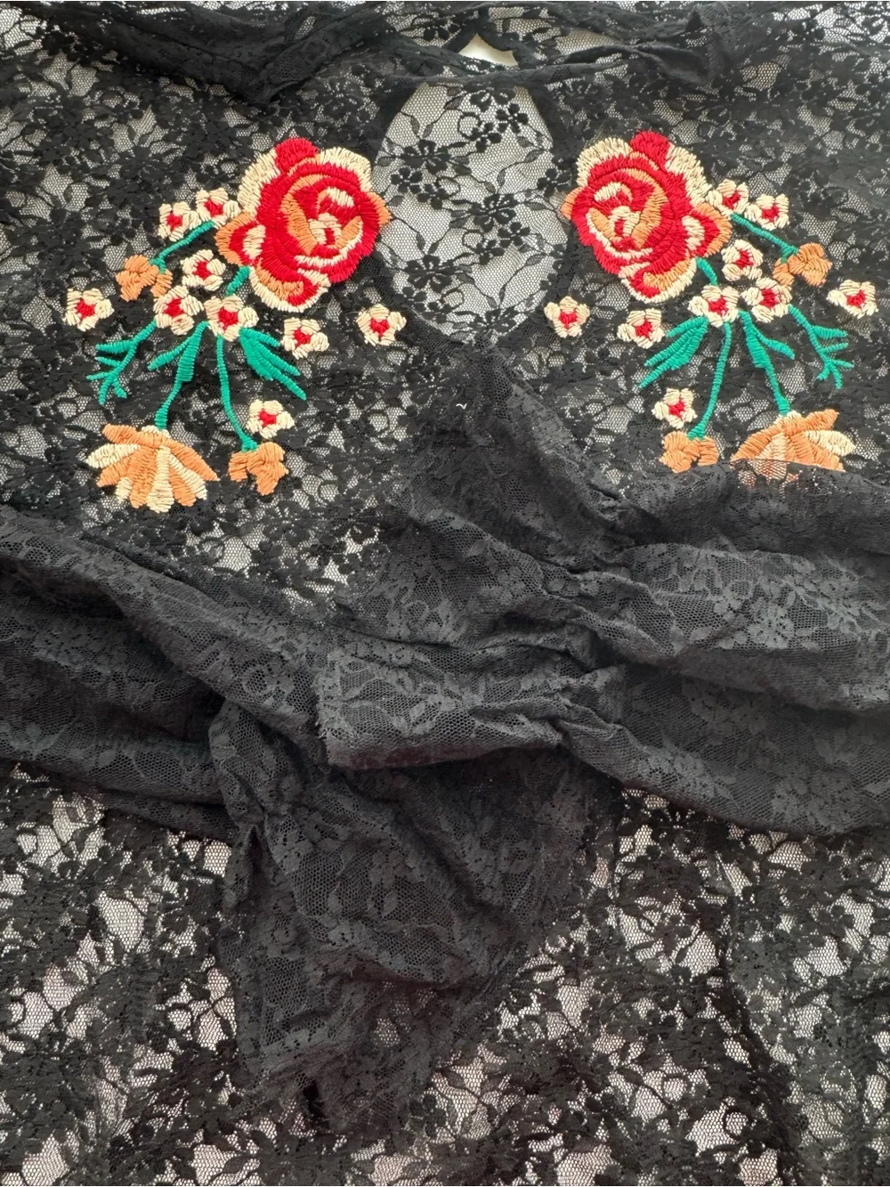 Free People Fast Forward Black Lace Embroidered Tunic Top Boho Festival Sheer